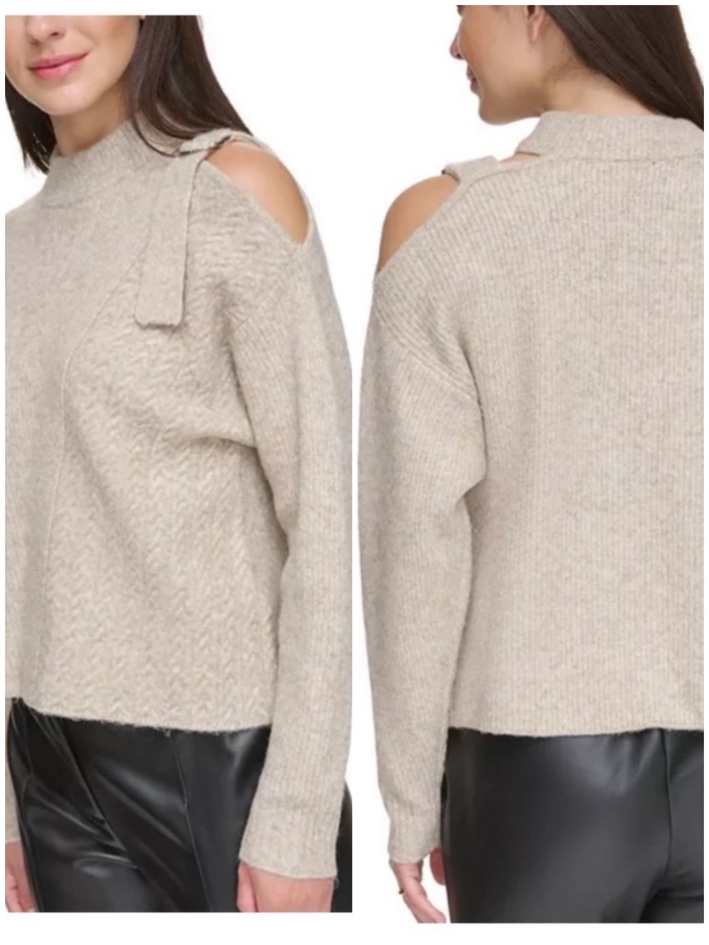 DKNY MIXED STITCH BUCKLE COLD-SHOULDER SWEATER